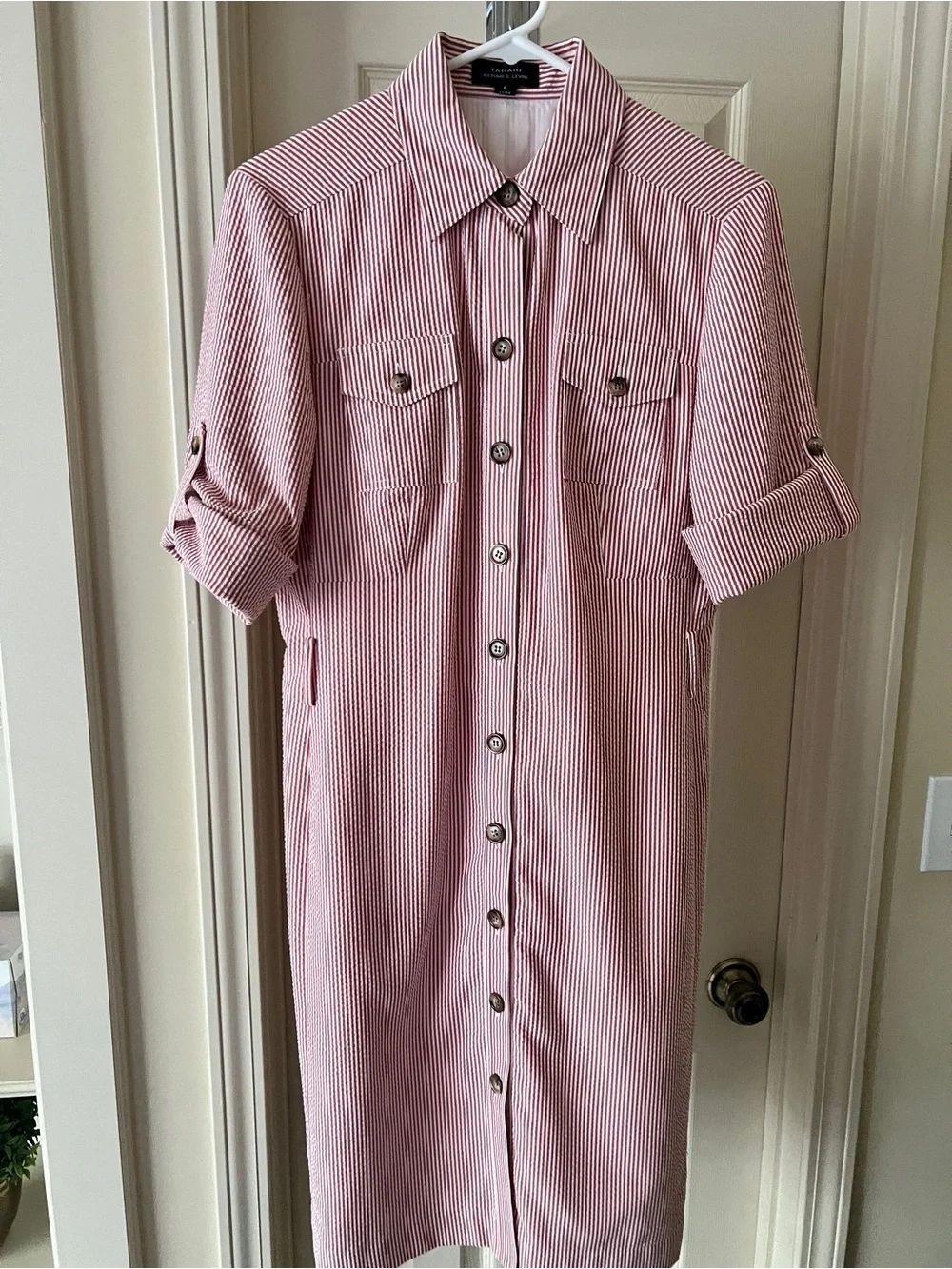 Red Striped Seersucker Button-Front Midi Shirt Dress